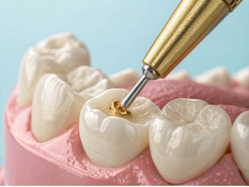 Close-up of a dental model showing a gold filling being placed into a molar, illustrating the precise application of **Dental Fillings** to **repair and protect teeth** at Manassra Dental in San Jose.