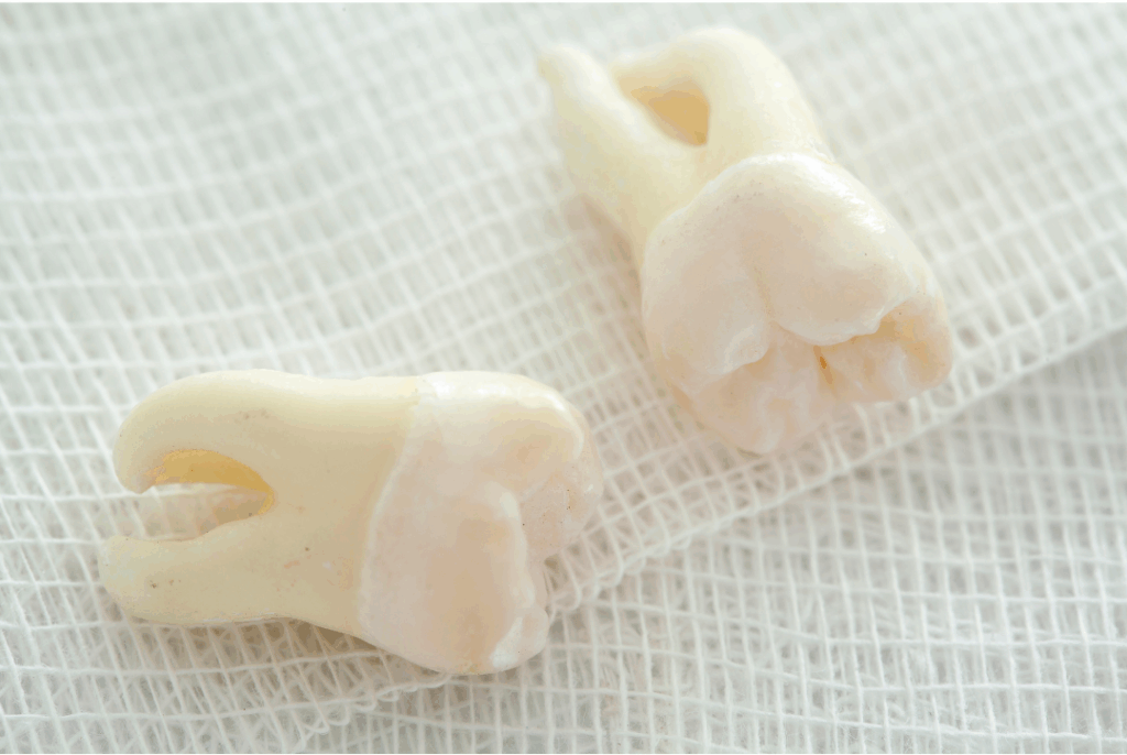 Two extracted wisdom teeth resting on gauze, illustrating the successful **wisdom teeth removal** procedure for **preventing future problems** at Manassra Dental in San Jose.