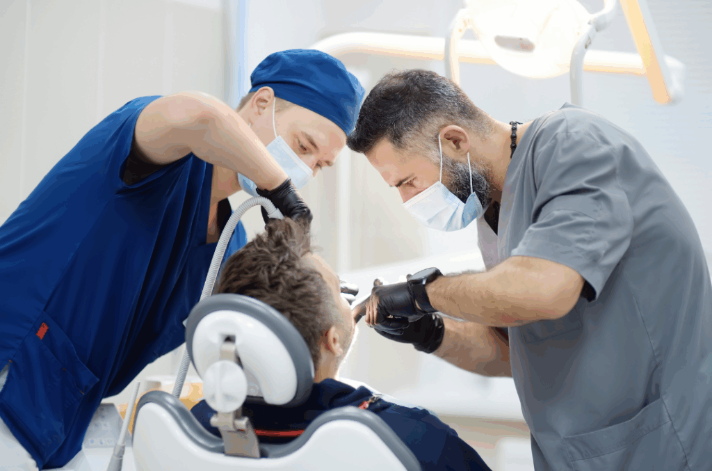 Dental professional in protective wear treating a relaxed patient in a modern dental office, symbolizing the key **advantages of sedation dentistry**—comfort and efficiency—at Manassra Dental in San Jose.