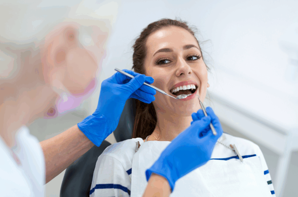 Smiling patient in a dental chair during an examination, representing the journey to a transformed **smile makeover** through expert cosmetic dentistry at Manassra Dental in San Jose.