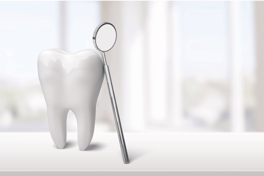 A large model of a healthy tooth leaning against a dental mirror, symbolizing the professional commitment of **Manassra Dental** to patient care and oral health in San Jose, CA.