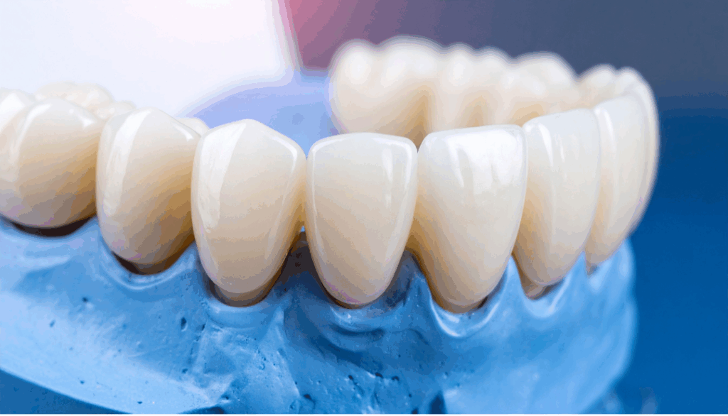 Dental crowns and restorations on a blue mold, representing emergency dental repair services at Manassra Dental in San Jose.