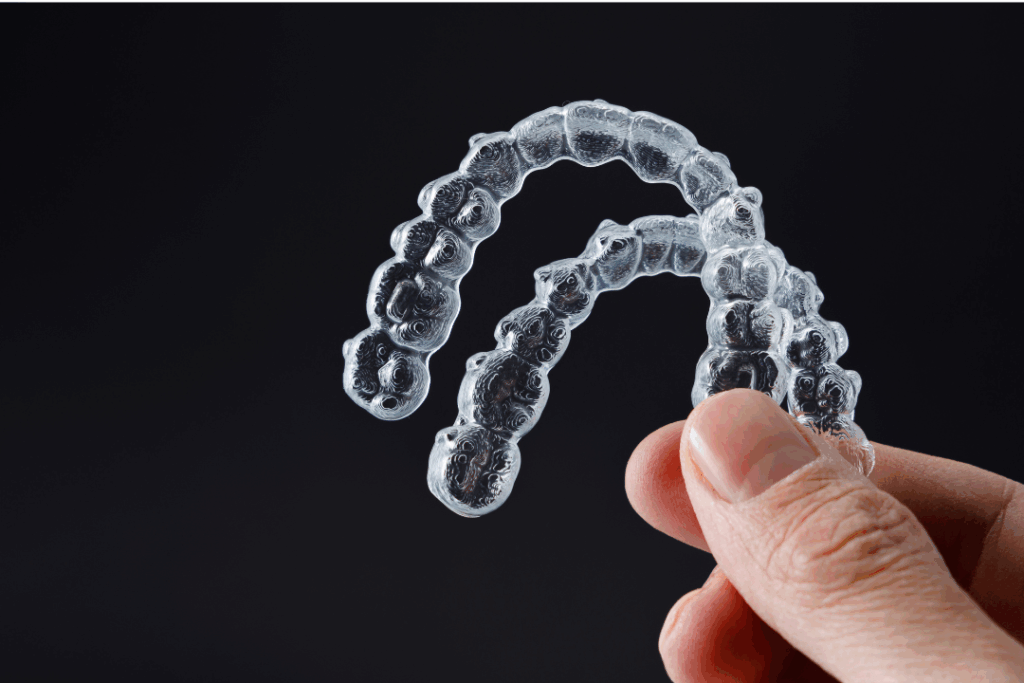 Close-up of a hand holding clear dental aligners (Invisalign) for adult and teen orthodontics treatment at Manassra Dental in San Jose.