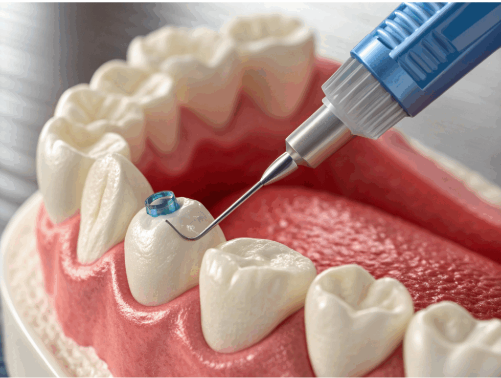 Dental model showing a dentist applying composite resin material to a tooth for **composite bonding** to repair chips or gaps at Manassra Dental in San Jose.