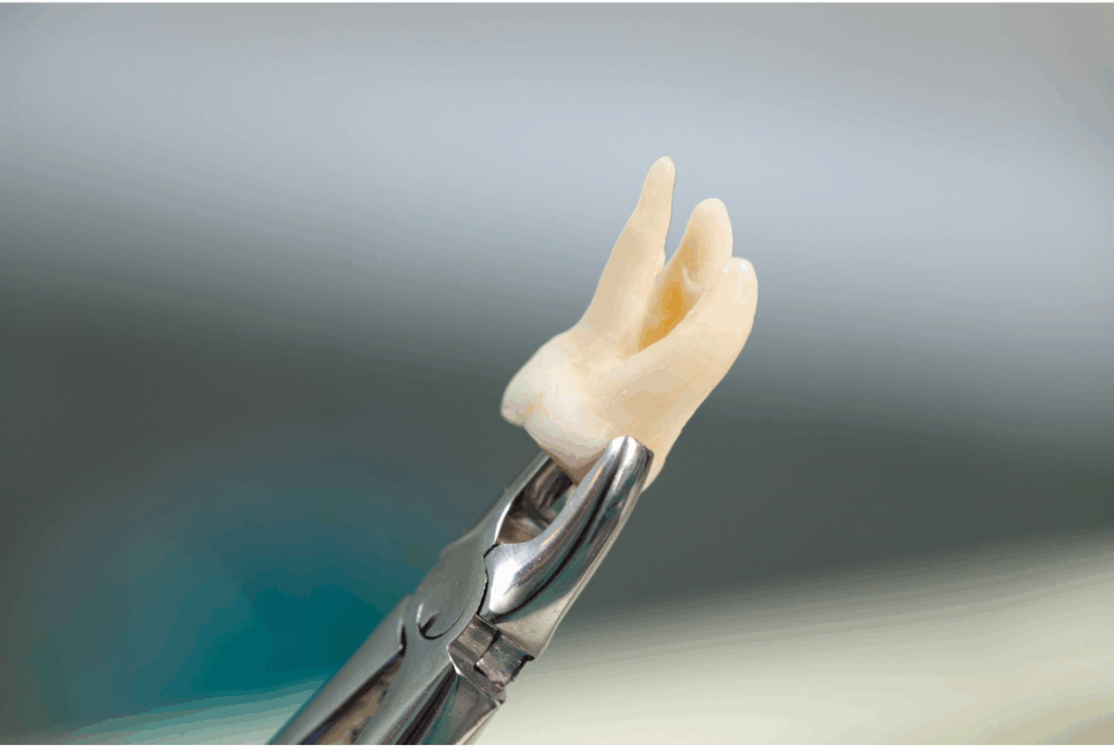 Extracted molar tooth held in dental forceps, representing safe and immediate **emergency tooth extraction** services at Manassra Dental in San Jose.
