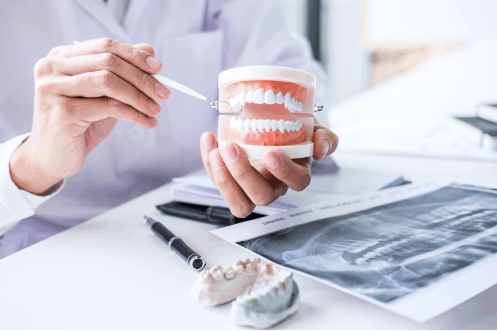 Dentist pointing to a dental model and X-ray during a consultation for **bone grafting** surgery to restore jawbone volume for dental implants at Manassra Dental in San Jose.