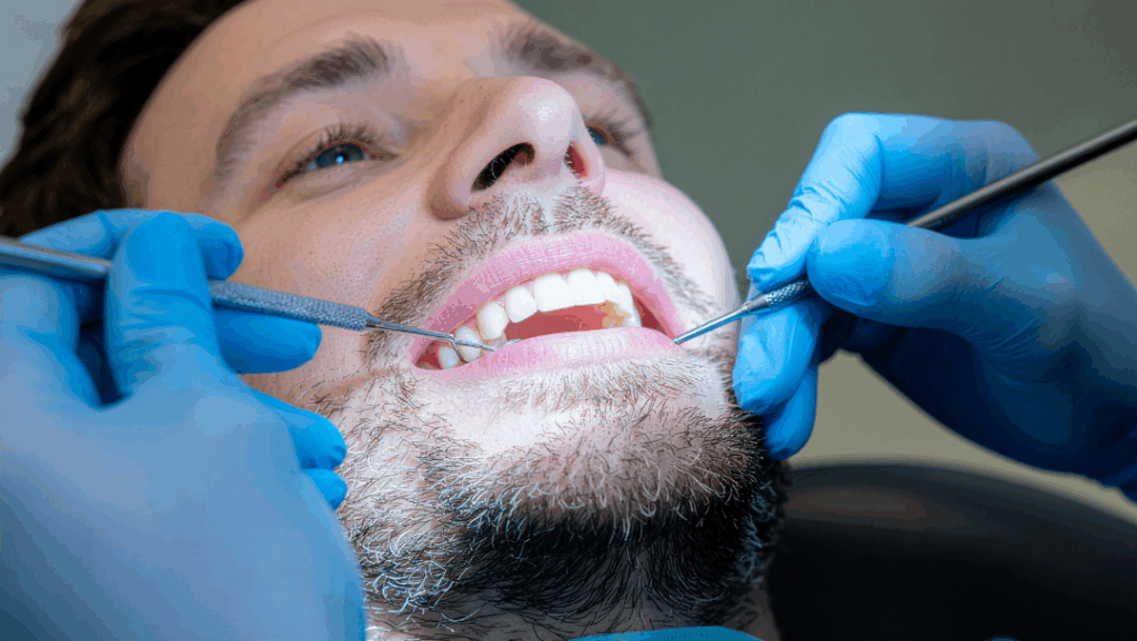 San Jose dentist performing a detailed **comprehensive dental exam** on a male patient, checking teeth and gums at Manassra Dental.