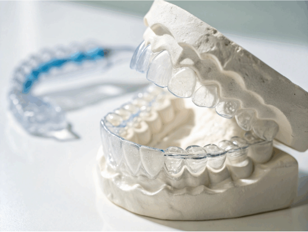 Clear dental aligners placed over a plaster dental model, illustrating the custom fit for **Invisalign** and **clear aligners** teeth straightening at Manassra Dental in San Jose.