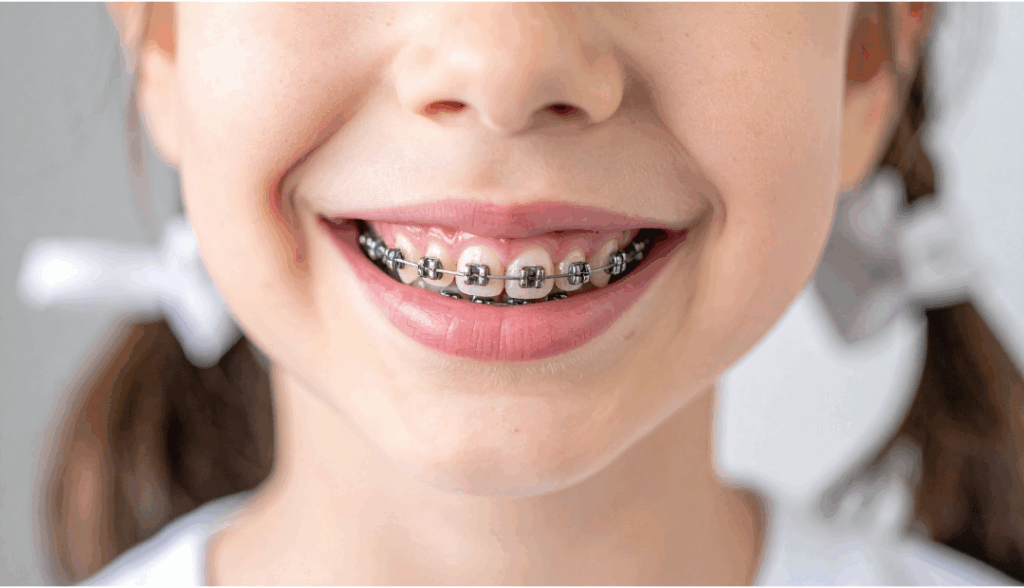 Young patient smiling with traditional metal braces, demonstrating successful **orthodontic treatment** that improves function and health at Manassra Dental in San Jose.