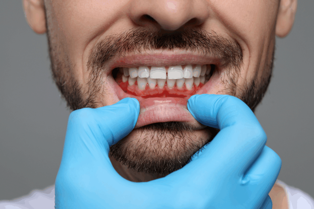 Dentist's gloved hand examining a patient's mouth, showing inflamed gums, representing the comprehensive care for **protecting gum health** through every stage of periodontal treatment at Manassra Dental in San Jose.