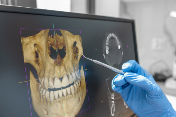 A dental professional at Manassra Dental using a probe to analyze a 3D digital skull and jaw reconstruction on a computer monitor.