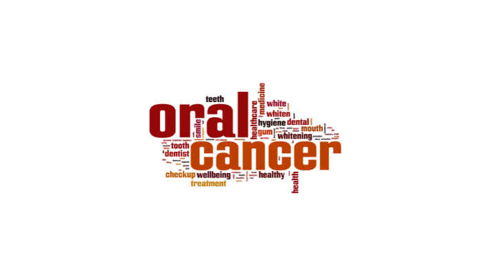 A word cloud centered on "Oral Cancer" featuring related terms like "dentist," "checkup," "healthy," and "treatment."