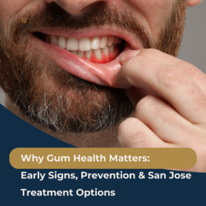 A close-up of a man at Manassra Dental pulling back his lip to show red, inflamed gums.