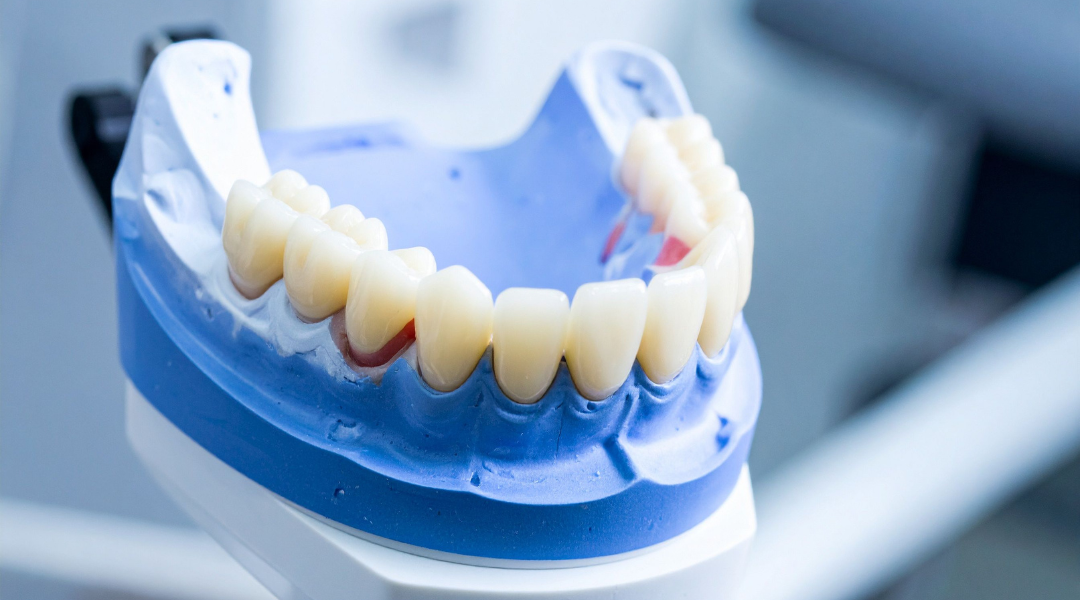 A plaster dental model of a perfect row of teeth mounted on a blue base.