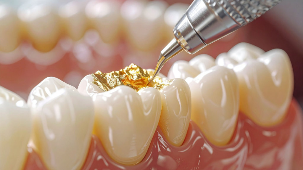 Restoration Close-up of a dental tool applying a gold filling restoration to a molar tooth.