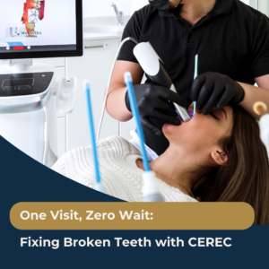 A patient smiling confidently after receiving a same-day CEREC dental crown to fix a broken tooth in a single appointment.