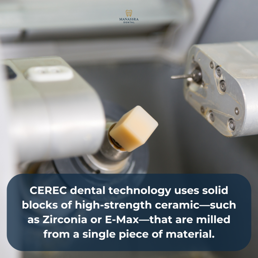 An in-office CEREC milling machine precision-crafting a custom porcelain dental crown from a solid ceramic block.